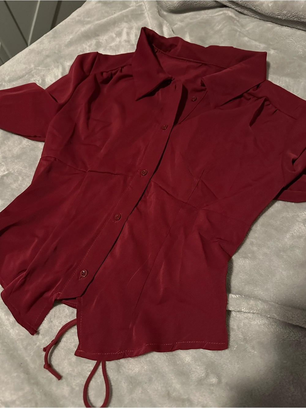 Women's Burgundy Short-Sleeve Button-Down Blouse